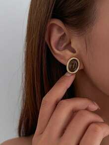 一对复古法式不对称几何宝石耳钉，优雅时尚的女士首饰，适合日常佩戴、派对、节日礼物 - 金黃色 - 查看 3