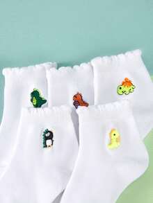 5 paquetes de calcetines bordados con lindos dibujos animados de dinosaurios, adecuados para todas las estaciones, con dobladillo con volantes, adecuados tanto para niños como para niñas, perfectos para uso diario. - Multicolor - Ver 7