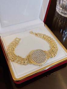 1pc Rhinestone Watch Face Bracelets For Women Shiny Crystal Gold Plated Bracelet Party Jewelry Gift Luxury High Quality - Yellow Gold - View 2