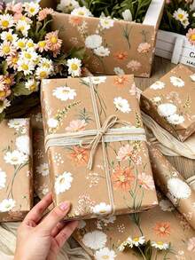 雏菊绒球野花牛皮纸礼品包装卷，橙色、白色、粉色、棕色牛皮纸，花卉礼品包装纸，适用于礼品、春季婚礼、母亲节、生日派对、家庭聚会、生日礼物等场合。 - 多色 - 查看 2