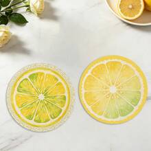 A Circular Placemat With Fresh Lemon Slices And Lace Patterns, Suitable For Use In Spring, Summer, Autumn, And Winter. It Adopts A Multi-Color Pattern Design And Is Woven From 100% Polyester Fiber. - Multicolor - View 1