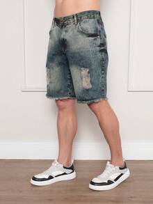 Men's Colorful Ripped Denim Shorts - Azul lavado oscuro - Ver 2
