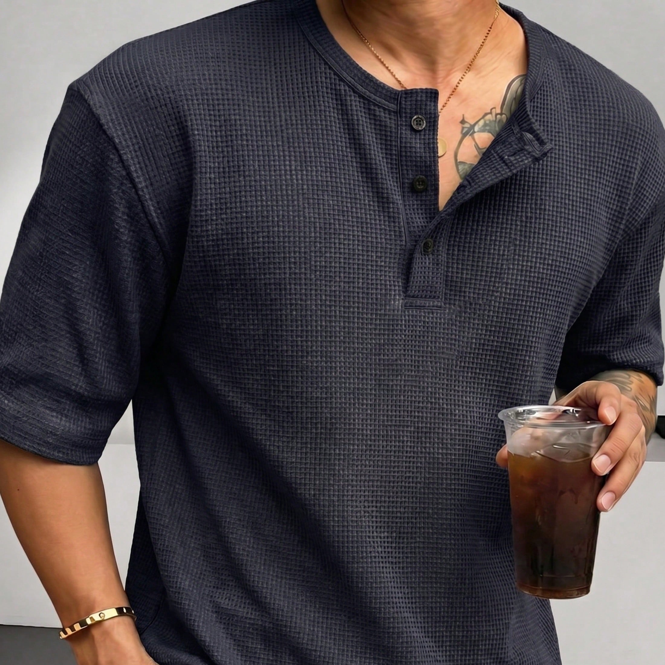 Pieza Camiseta de hombre de manga corta con cuello polo, textura de gofre, versión suelta y cómoda, transpirable, estilo "Old Money", talla grande,