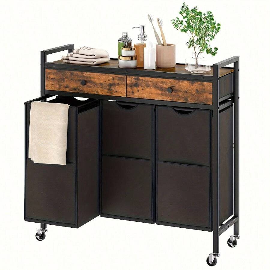 Three-Compartment Laundry Sorter In Rustic Brown And Black, Featuring Two Drawers And Removable Oxford Fabric Bags For Easy Laundry Organization - Brown Black - View 1