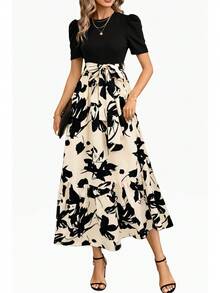 Women's Printed Maxi Dress Short Puff Sleeve Crew Neck Tie Waist Casual Long Dress For Daily Wear Party - Màu kaki - Xem 3