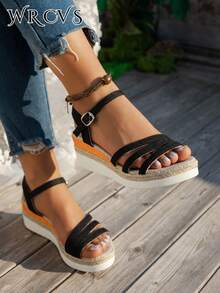 WRCVS Sandal Wedges Tali Anyaman Warna Beige, Sol Tebal dengan Bagian Bawah Tali, Sandal Liburan Modis, Motif Bunga Bohemian Acak, Sepatu Platform, Sepatu Musim Panas - Hitam - View 4