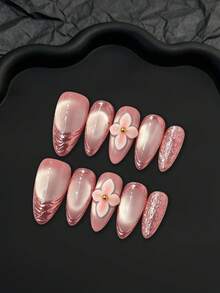 LIVENTO 10pcs Gorgeous Hand-Painted Handmade Press On Nails With Pink Gradient, 3D Floral Carvings, Sparkling Pink Cat Eye Accents, Magical Mirror Hand-Painted Designs, And Soft Pink Edging-Luxury Nails For Women Who Love Feminine Elegance. - 粉色 - 查看 2