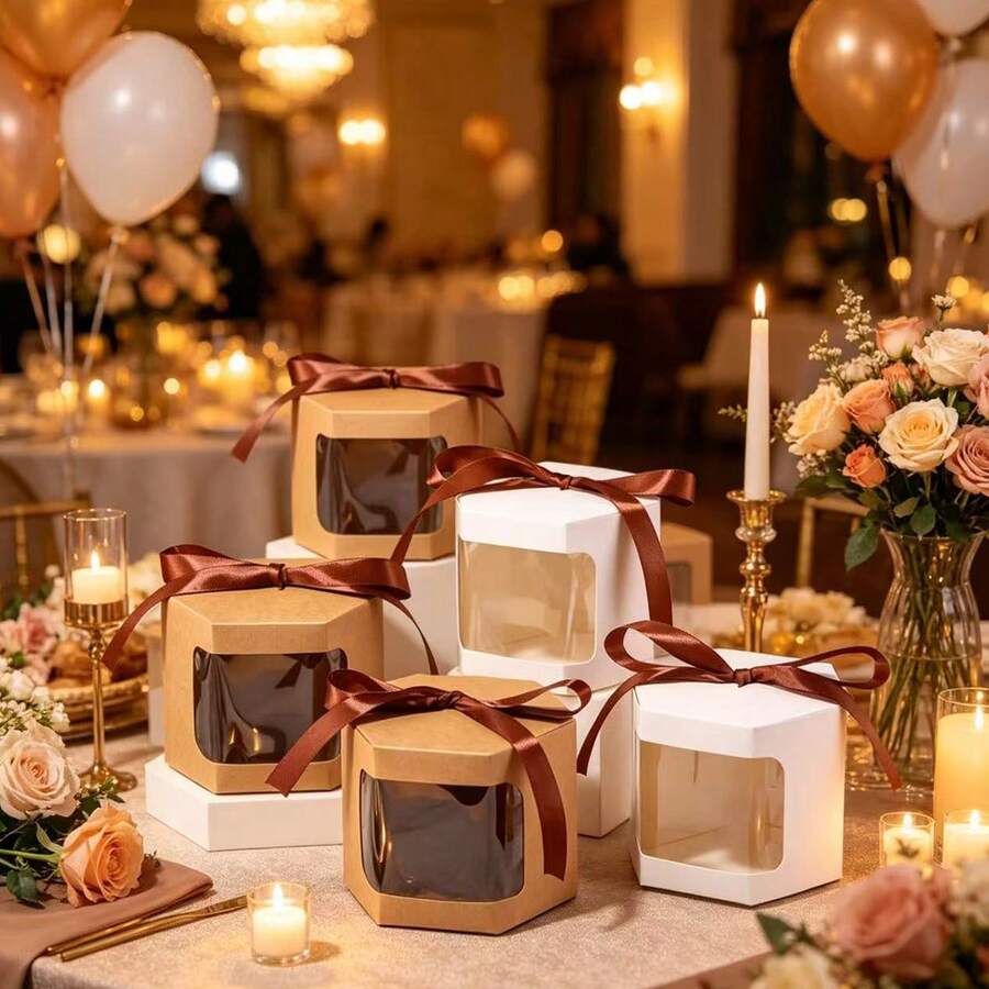 Hộp quà tặng 10 chiếc/gói, hộp giấy đa giác cầm tay có cửa sổ PET trong suốt, màu trắng mờ, thích hợp làm quà tặng tiệc tùng, tốt nghiệp, sinh nhật, đám cưới, Giáng sinh, quà tặng ngày lễ, đựng kẹo, bánh quy, đồ nướng. - Xem 1
