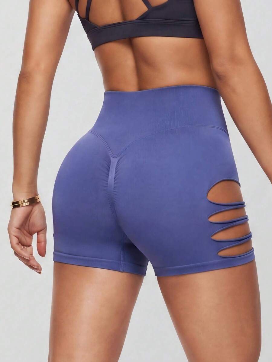 High Waist Seamless Hollow-Out Side Lifting Cycling Shaping Shorts - Dusty Blue - View 1