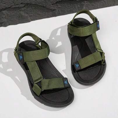 1 par de sandalias casuales para hombre, zapatos de playa de moda, sandalias deportivas transpirables y antideslizantes para exteriores, adecuadas para el verano, unicolor negro/verde, cómodas y suaves sandalias elásticas de playa