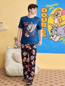 Noctvar OBM Sleepwear X TOM & JERRY Tom & Jerry Collaboration Men's Striped Pajama Set With Heart All-Over Print Long Pants, Loungewear - Multicolor - View 6