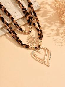 2pcs/Set Vintage Exaggerated Leopard Print Hollow Heart Pendant Necklace, Fashionable Minimalist Charming Necklace For Women, Suitable For Daily Wear, Shopping, Party, And Photo Shooting - Multicolor - View 3
