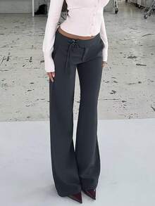 Women's Slimming Low Waist Flared Suit Pants With Drawstring Decor, Low Waist Cut And Draped Flared Leg, Suitable For Commuting, Office Wear Or Spring/Autumn Mature Style - Dark Grey - View 2