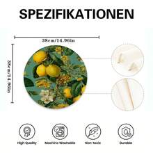 A Circular Placemat Featuring Fresh Lemon, Green Leaves, And Water Droplets, Suitable For Use In Spring, Summer, Autumn, And Winter. It Adopts A Multi-Color Pattern Design And Is Woven From 100% Polyester Fiber. - Multicolor - View 3