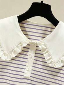 Tween Girls' Ruffled Striped Short Sleeve Blouse, Sweet Collared Shirt For Toddler & Big Girls, Back To School - Mauve Purple - View 5