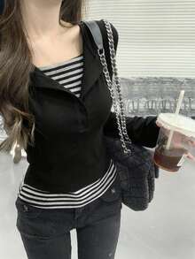 Camiseta de manga larga de oficina casual de 2 en 1/desconstructiva con botones a contraste a rayas para mujer, negro para primavera y otoño - Negro - Ver 1