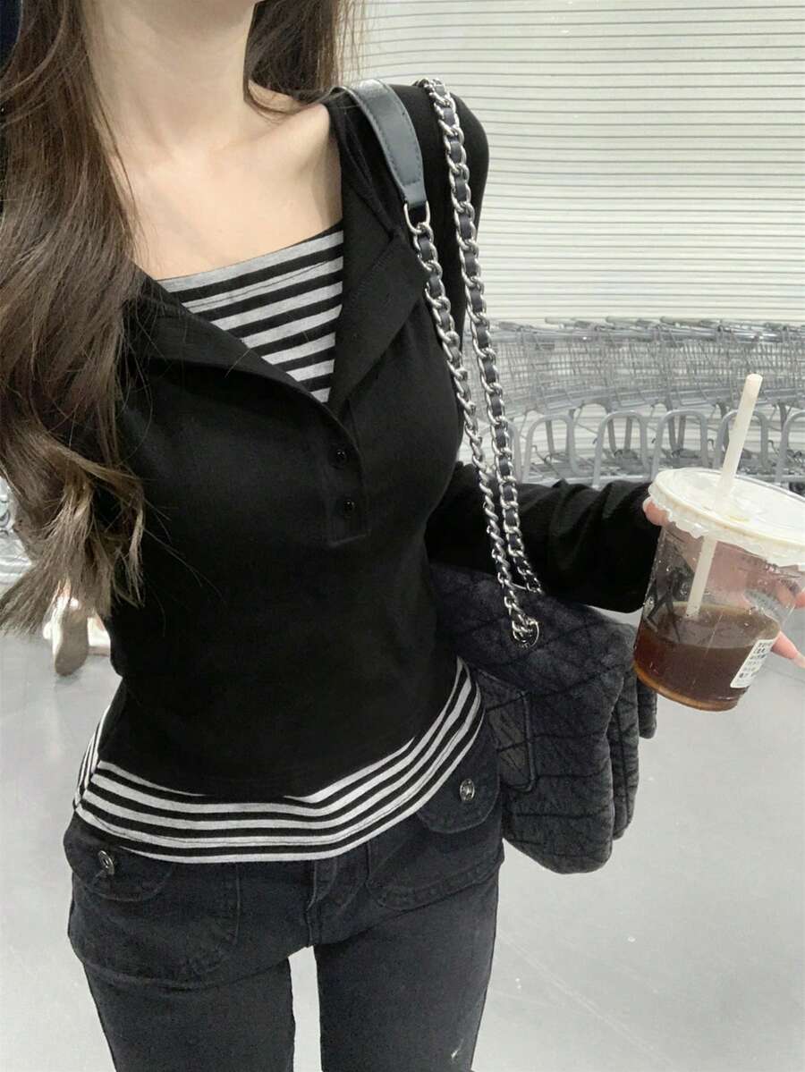 Camiseta de manga larga de oficina casual de 2 en 1/desconstructiva con botones a contraste a rayas para mujer, negro para primavera y otoño - Negro - Ver 1