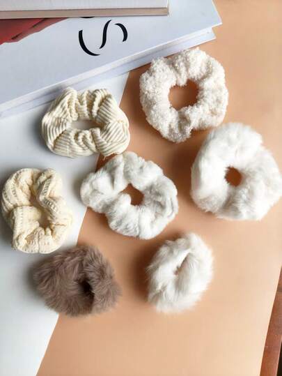 7pcs Women Autumn/Winter Plush Rabbit Fur Scrunchies, Solid Color Thick Simple Versatile Cute Hair Accessories Suitable For Daily Wear, Ponytail, Makeup Matching