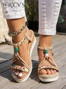 WRCVS Beige Damensandalen, Sandalen mit gewebtem Riemen, Sommer Plateau-Keilsandalen, handgefertigte Perlen-Webung, zufälliges Muster, leichte Urlaubs-Boho-Stil erhöhte Outdoor-Sandalen - Beige - Übersicht 6