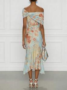 Elegant Women's Chiffon Floral Off-Shoulder Midi Dress With Asymmetrical Hem And Fitted Bodycon Style, Perfect For Party Wear - Pastel Green - View 3
