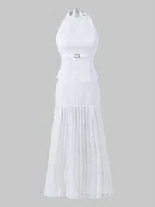 Bộ đồ nữ 2 mảnh phong cách Pháp tối giản, thanh lịch, dành cho người đi làm, gồm áo cổ yếm hở lưng và chân váy xếp ly dài. - trắng - Xem 7