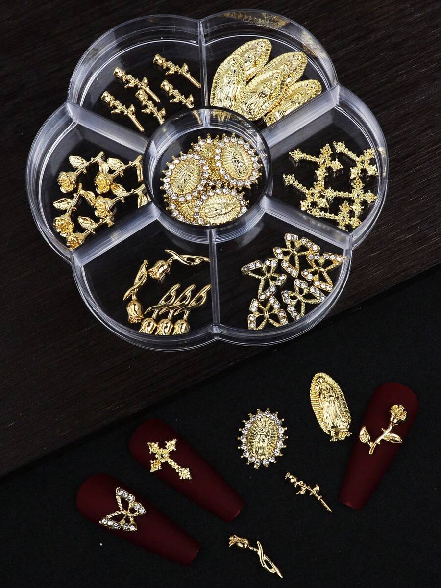 35pcs/7-Grid Mixed 3D Cross, Butterfly And Delicate Rose Pattern Nail Art Tool Kit, Suitable For Daily Use And DIY Nail Decoration, Multifunctional Nail Art Set - Multicolor - View 1