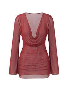 Women's Summer Sheer Mesh Beach Mini Dress Bell Sleeve Draped Deep V Neck Swim Swimsuit Cover Up Beachwear Swimwear For Pool Vacation - Màu Đỏ Sâu - Xem 7