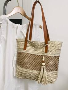 New Colorblock Tassel Handmade Woven Bag, Large Capacity Beach Bag, Women's Holiday Beach Tote, Travel Straw Shoulder Bag - Multicolor - View 1