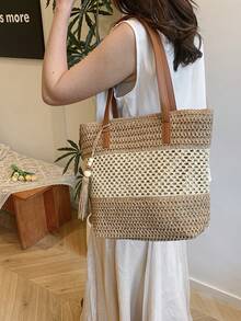 New Colorblock Tassel Handmade Woven Bag, Large Capacity Beach Bag, Women's Holiday Beach Tote, Travel Straw Shoulder Bag - Multicolor - View 5