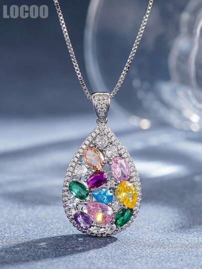 1pc Captivating Cubic Zirconia Stone Pendant Necklace, Suitable For Women, Ideal For Weddings, Engagements, Anniversary Parties, Valentine's Day Gifts