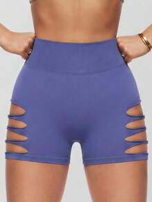 High Waist Seamless Hollow-Out Side Lifting Cycling Shaping Shorts - Dusty Blue - View 2