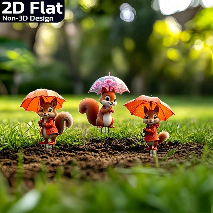 3 piezas Estacas de jardín con impresión 2D de ardillas lindas, decoraciones coloridas de acrílico para exteriores - A - Ver 1
