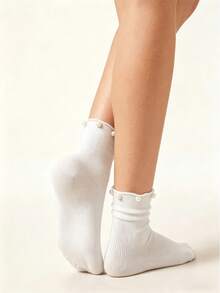 1 Pc Women's Pearl Trim Thin Crew Socks For Spring & Summer, Rolled Edge Straight & Slouchy Socks, Versatile For Lolita & JK Style, Must-Have Mid-Calf Socks For Daily Wear - Multicolor - View 3