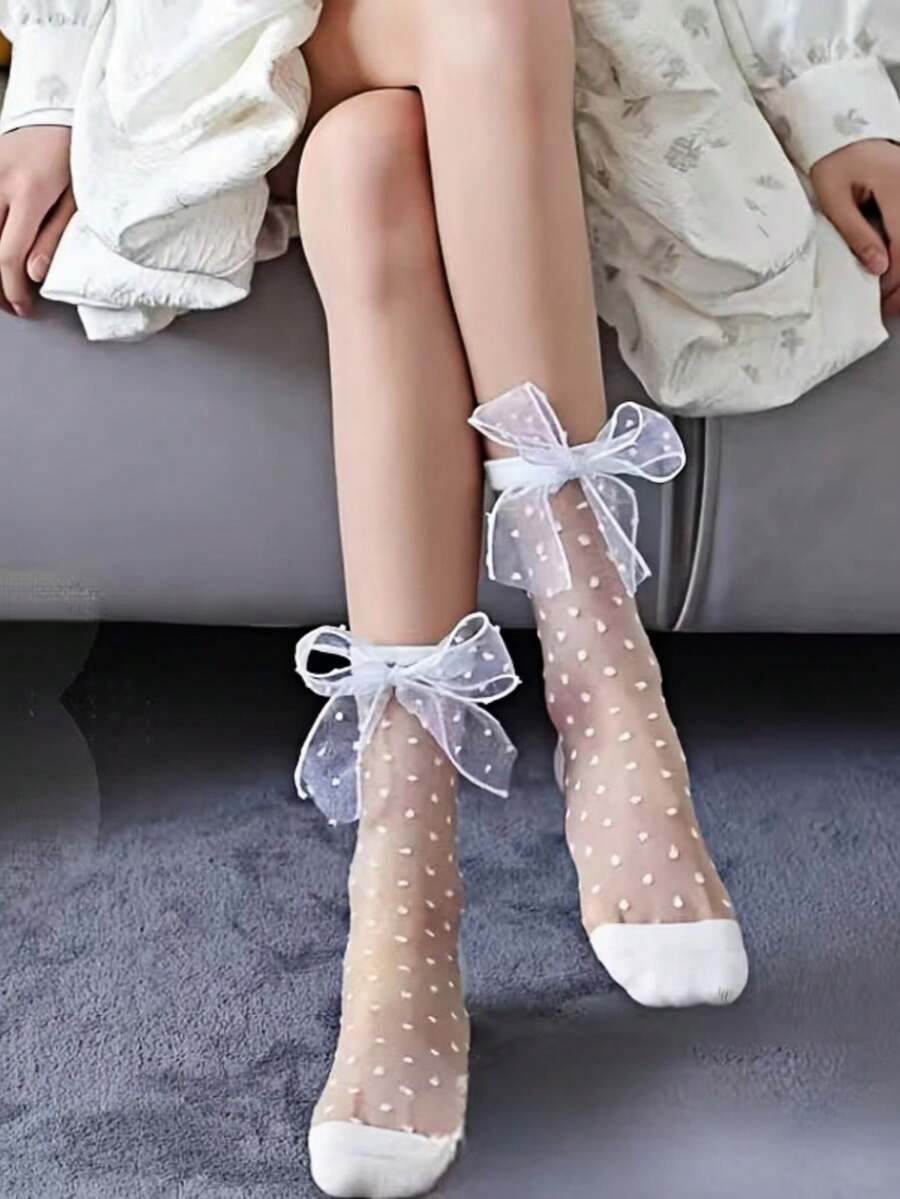 1双JK款蕾丝边中筒袜，防勾丝透气洛丽塔学生袜，甜美风格 - 彩色 - 查看 1