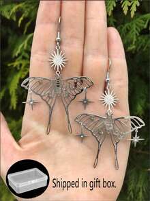 2 đôi bông tai dài bằng kim loại bạc thiết kế hình ngôi sao rỗng kiểu Gothic và bướm đêm, phong cách Gothic dành cho lễ hội âm nhạc - Bạc - Xem 5