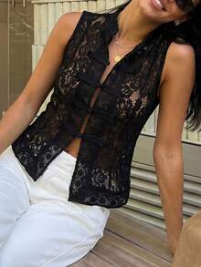 Camiseta sin mangas de encaje para mujer, elegante blusa de verano sin mangas con cuello alto y malla transparente. - Negro - Ver 5