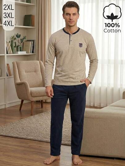 Cotton More 100% Cotton Men's Plus Size Long Sleeve Henley T-Shirt & Elastic Waist Relaxed Fit Lounge Pants Soft Breathable Homewear Sleepwear Pajama Set Big & Tall Comfortable Nightwear