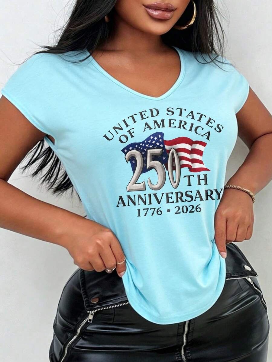 Women's Y2K V-Neck 4th Of July Outfit Women Pullover Shirt United States Of America 250th Anniversary 1776 2026 Printed, Mothers Day Outfit Elegant And Fashionable With Feminine Charm. Ideal For Holiday Gifts. Saint Patrick's Day, Mother's Day, Valentine's Day Gifts. Suitable For Spring And Summer Seasons. Refreshing, Exquisite And Magnificent. Suitable For Casual, Sports, Vacation, Travel, Beach Wear And Daily Wear. Versatile And Suitable For All Occasions. Elegant Women's Sets, Shirts, Pink Summer Outfits, Vacation Outfits For Women. - 淺藍色 - 查看 1