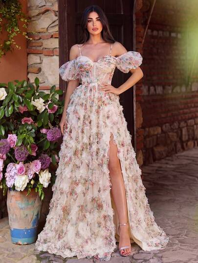 Faeriesty Đầm dạ hội in họa tiết trễ vai sang trọng, tay phồng, xẻ cao, dáng chữ A, thích hợp cho các bữa tối trang trọng, đám cưới và tiệc cocktail.