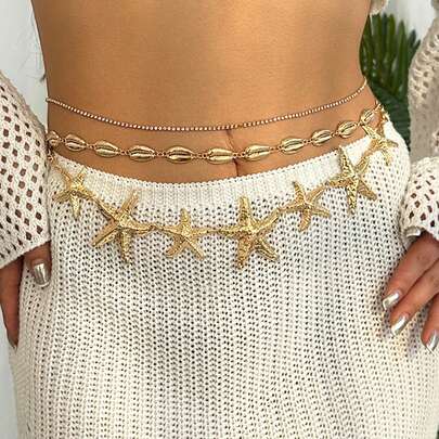 3pcs Minimalist Bohemian Style Beach Resort Casual Starfish Shell Body Jewelry Waist Chain/Belt For Women, Suitable For Parties, Gatherings, Travel & Vacation, Great Gift For Friends & Family