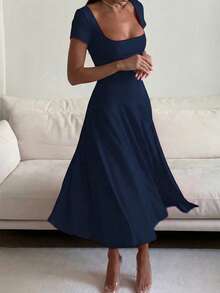Elegante Vestido Casual Commuter Primavera/Verão Novo Vintage Francês de Alta Qualidade Elegante com Cintura Ajustada e Manga Curta em Malha Longa - Azul Marinho - Visão 7