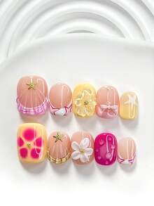 10片甜美風手工穿戴甲 Polygel 凝膠美甲套組，海星、蝴蝶結與小珍珠設計，粉色、黃色與紫色指甲油，度假風，附美甲工具，3種尺寸可選：方形、短方形、杏仁形，適合派對、跳舞、日常配戴 - 彩色 - 查看 2