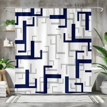 1pc 2D Geometric Pattern Navy Blue & Grey Abstract Pattern Shower Curtain, Durable Polyester Fabric, Waterproof, Easy To Hang, Bathtub Home Decor Upgrade, Elegant Minimalist Style Interior Design - Multicolor - View 10