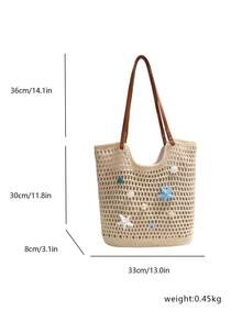 可爱海星贝壳钩编手提包，米色镂空沙滩单肩包，女士夏季度假手提包 - 白色 - 查看 8