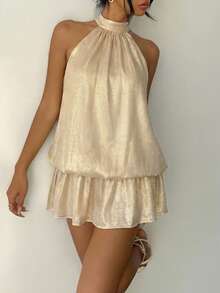 Women's Elegant Metallic Glitter Knotted Halter Mini Dress, Multi-Layered Backless Beach Vacation Dress For Summer Party - Gold - View 6