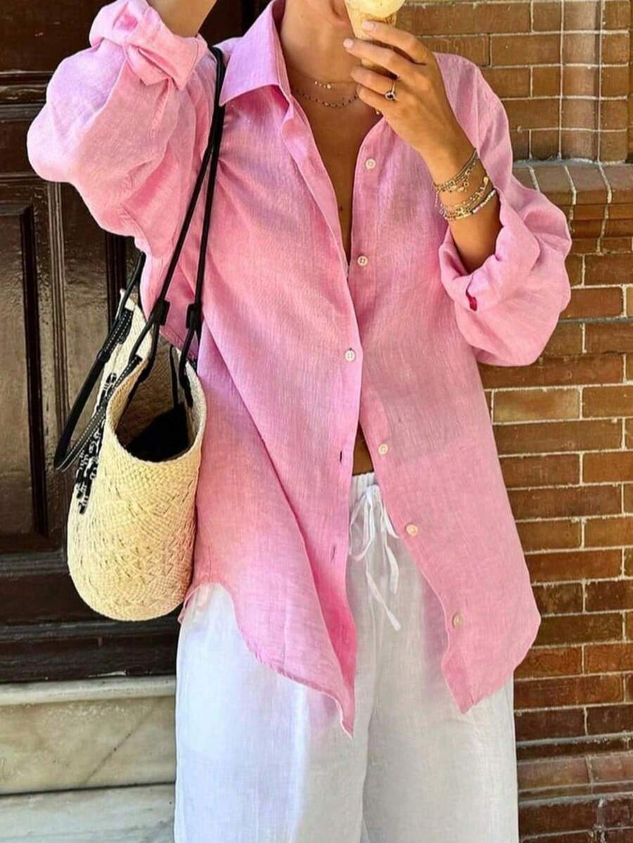 Blusa de lino rosa verano Look Polly, blusa holgada de manga larga con un solo botonadura, top versátil casual para playa y vacaciones de primavera - Rosa - Ver 1