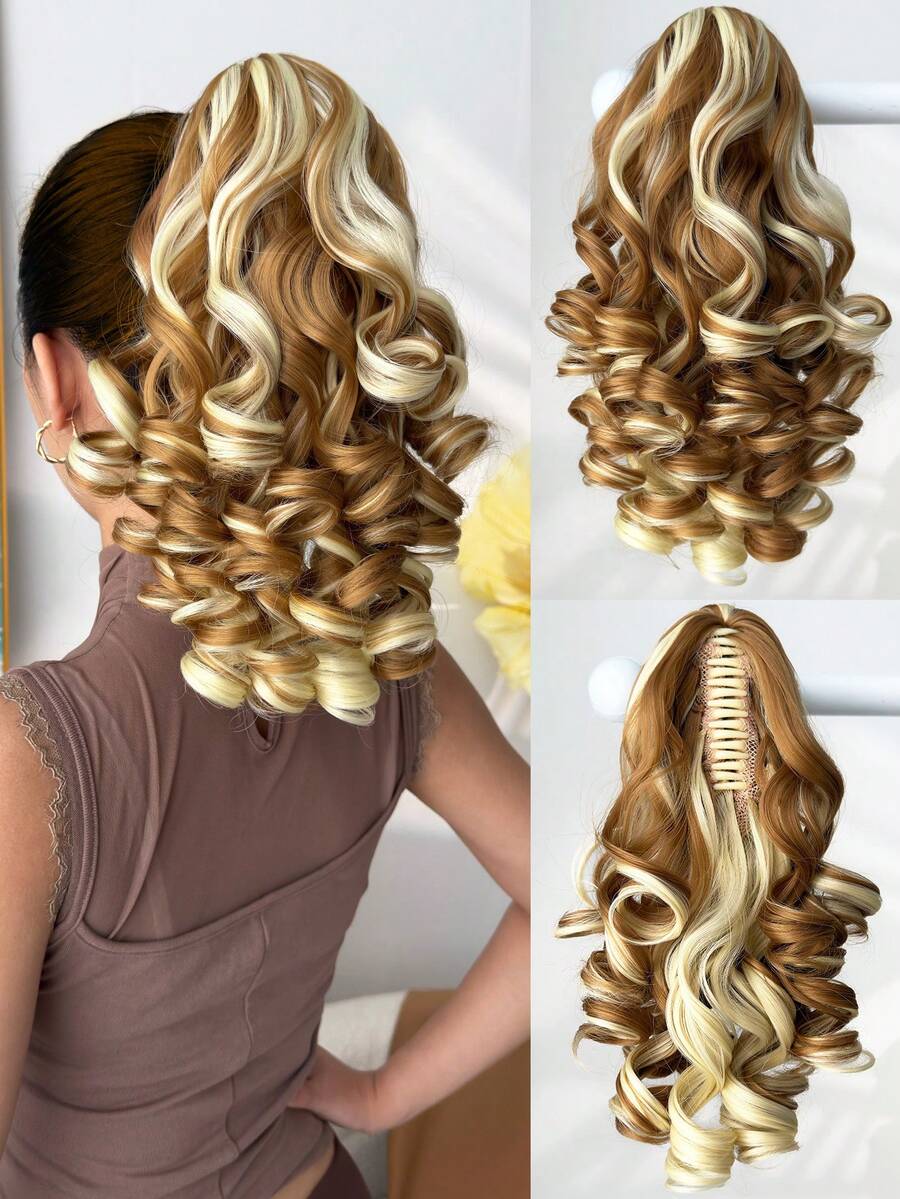 12 Inch Brown & Gold Wavy Synthetic Fiber Ponytail Hair Extension, Suitable For Women's Party And Daily Use