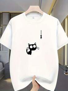 Vintage Men's T-Shirt With Cat-Fish Print, Short Sleeve, Crew Neck, Quick-Dry Breathable, Machine Washable, Casual Everyday And Beach Look - 白色 - 查看 6