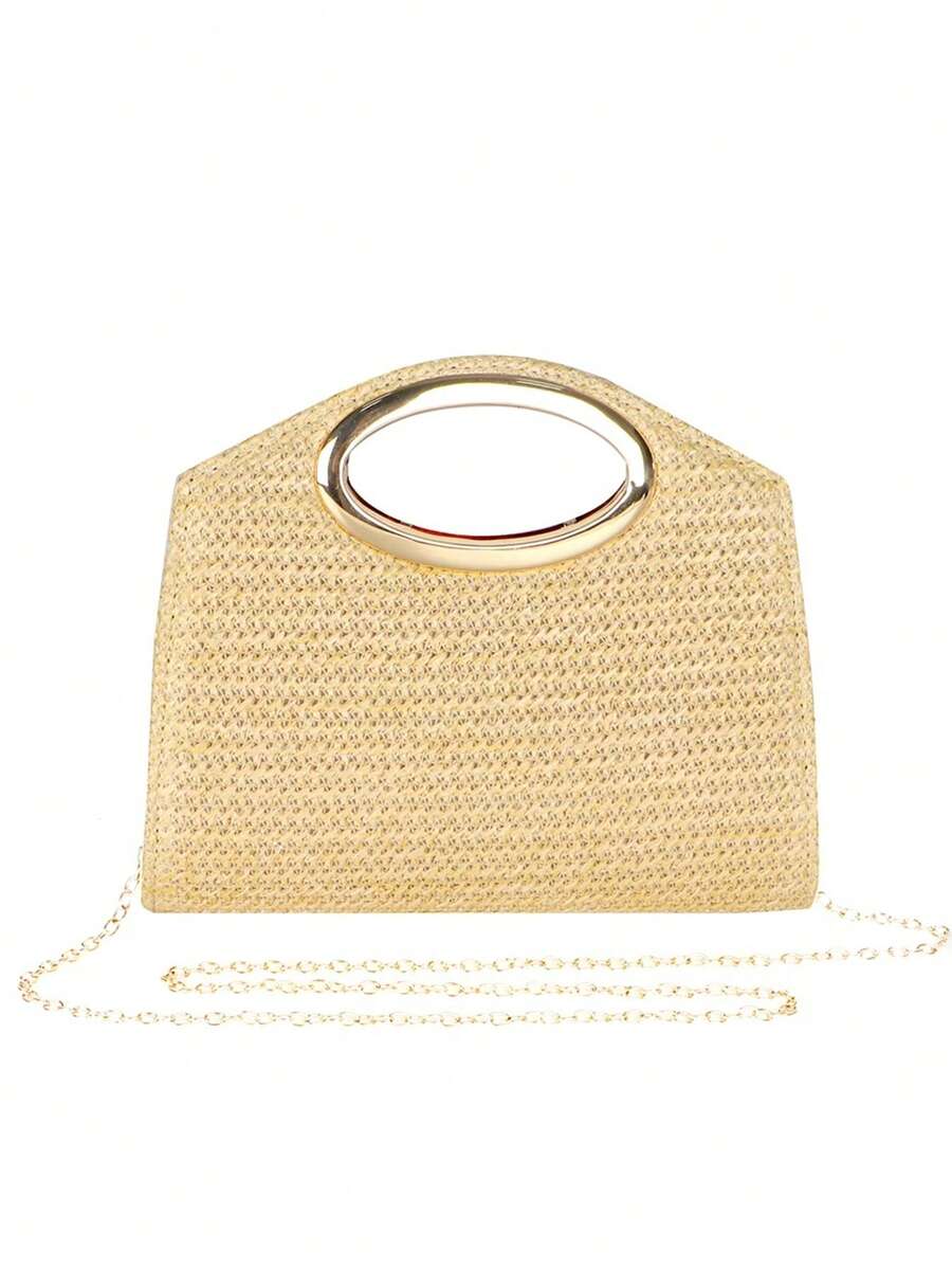 草编手提包，女士编织小方包，金色金属环设计，自然风配饰，简约时尚包包，链条单肩包 - 黃色 - 查看 1