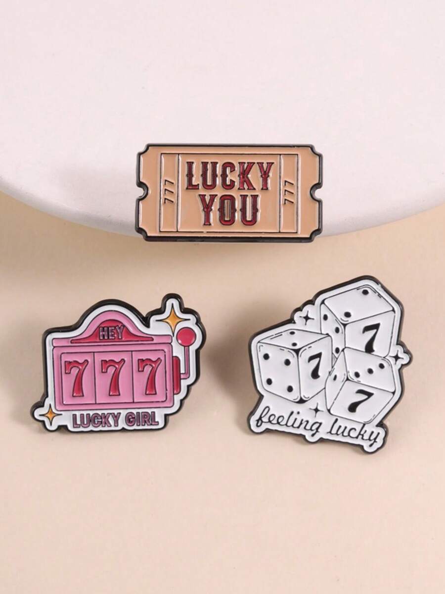 3pcs "Lucky You" Enamel Pins, Creative Funny Slot Machine "777" And Dice 7 Pattern, Fashionable Backpack Accessories, Unisex Design, Gift For Friends